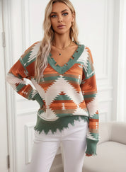 Daverri Fashions Geometric Frayed Hem V-Neck Long Sleeve Sweater