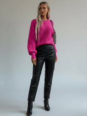 Daverri Fashions Horizontal Ribbing Round Neck Sweater