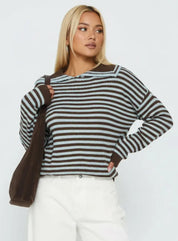 Women’s Dark Brown Striped Dropped Shoulder Collared Knit Sweater