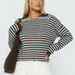 Cozy women’s dark brown and light blue-gray striped knit sweater