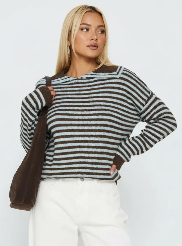Women’s Dark Brown Striped Dropped Shoulder Collared Knit Sweater