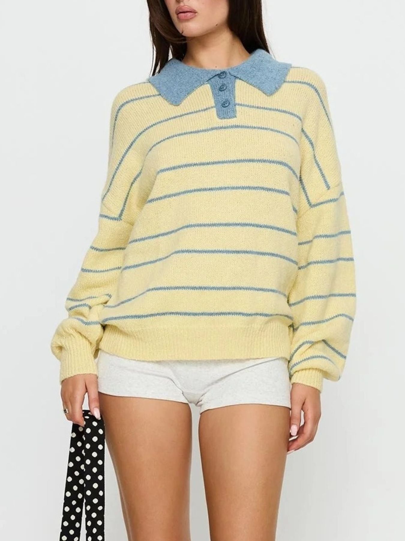 Women’s long sleeve yellow blue striped polo collar knit sweater