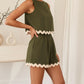 Olive green Daverri Fashions womens sleeveless romper set with cream scalloped trim