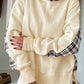 Daverri Fashions cream hoodie with plaid trim and thumbholes