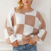 Women’s Round Neck Drop Shoulder Long Sleeve Tan Checkered Sweater