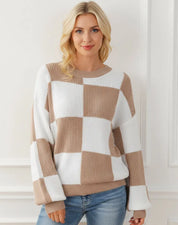 Women’s Round Neck Drop Shoulder Long Sleeve Tan Checkered Sweater