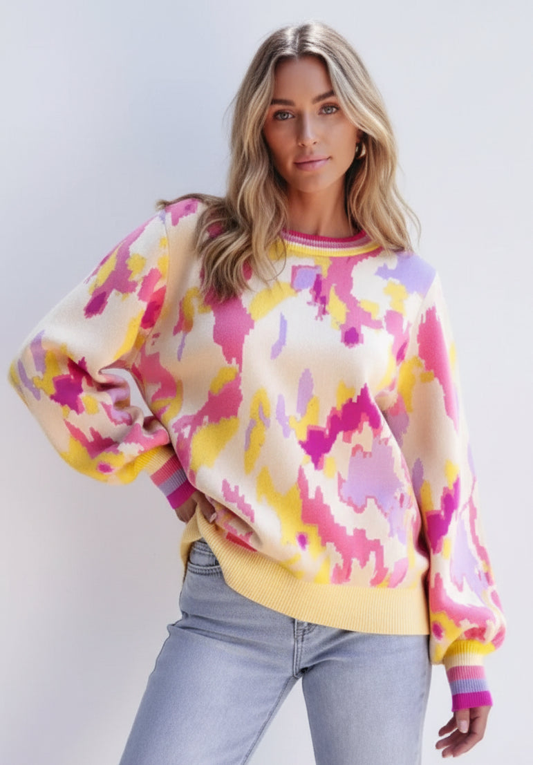 Women’s Contrast Round Neck Long Sleeve Sweater