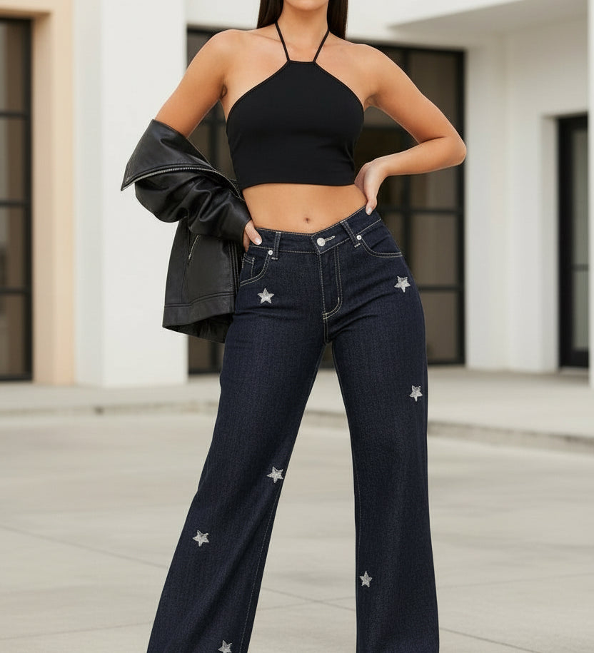 Women’s low rise dark blue denim flare jeans with silver star embroidery