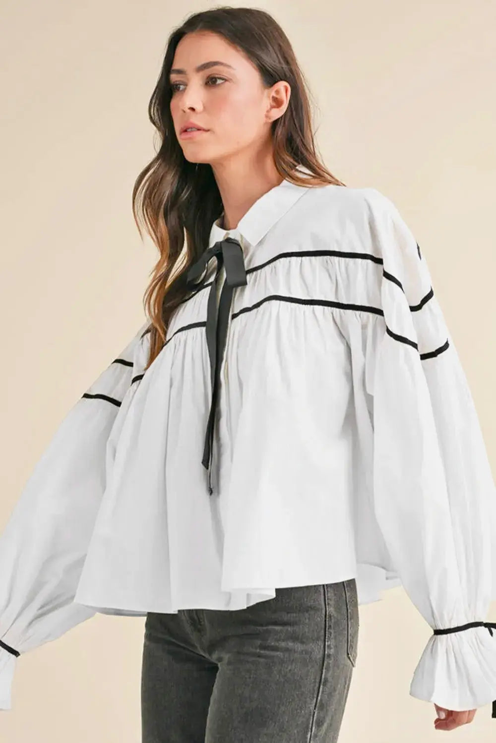 Ribbon Bowtie Collared Neck Flounce Sleeve Shirt