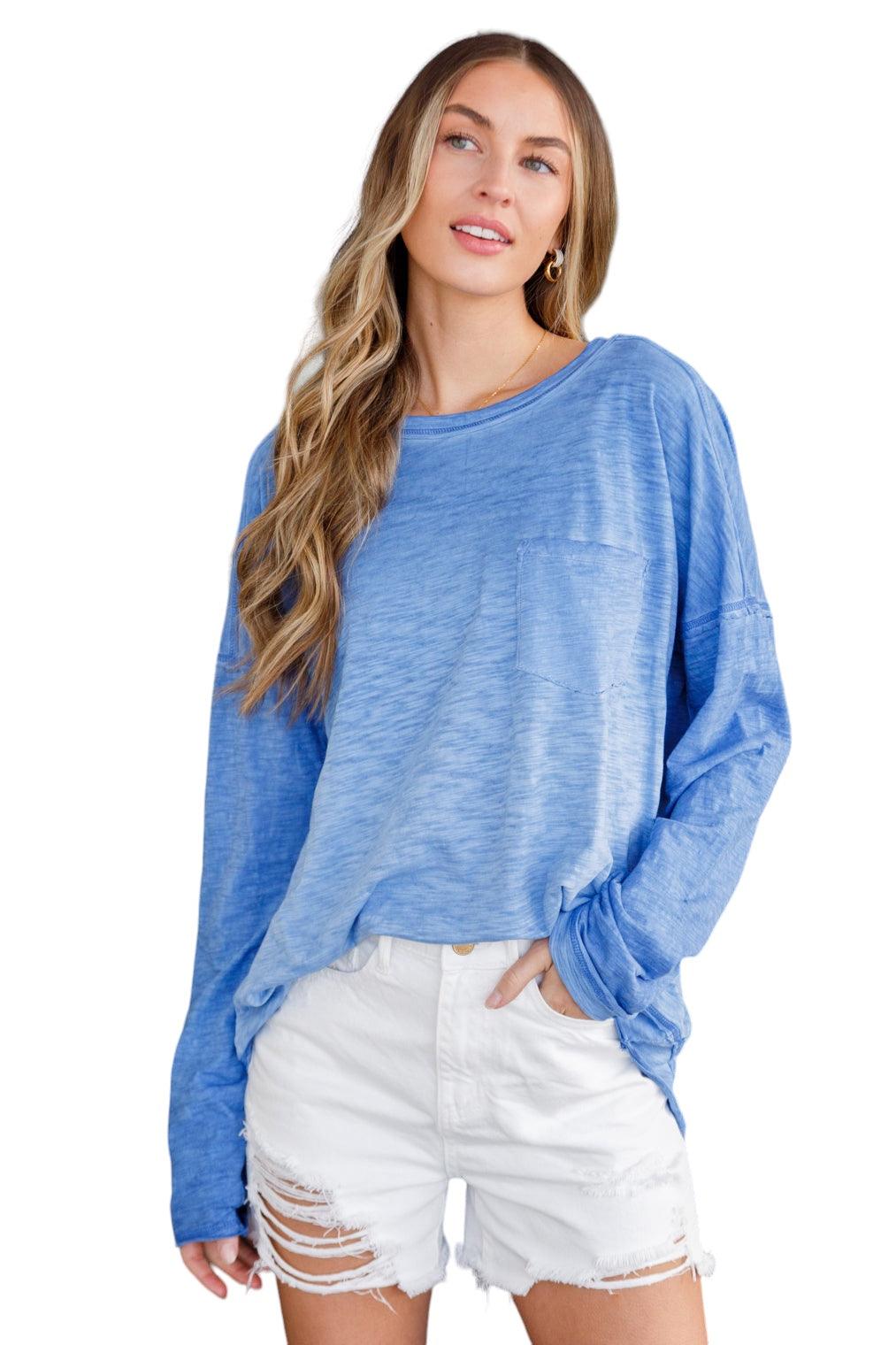 Women's Blue Long Sleeve Boatneck Top Small Shirts & Tops