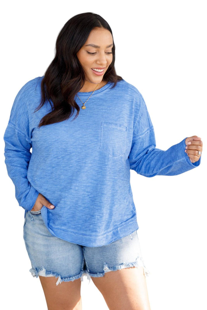 Women's Blue Long Sleeve Boatneck Top Shirts & Tops