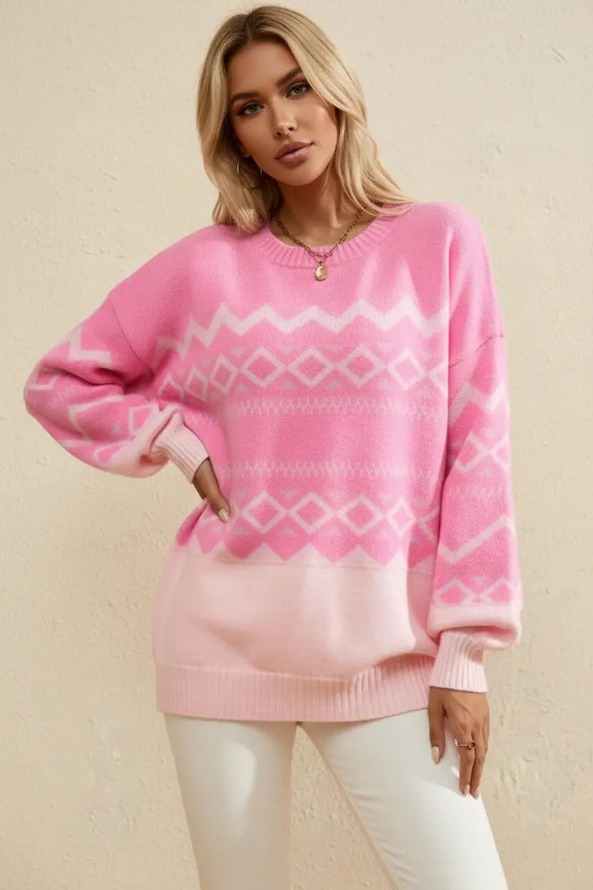 Women’s pink oversized geometric knit sweater with long sleeves