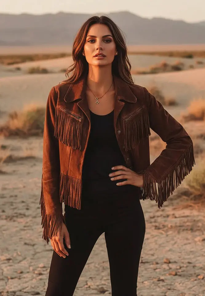 Brown faux suede fringe button-up jacket with flowing tassels
