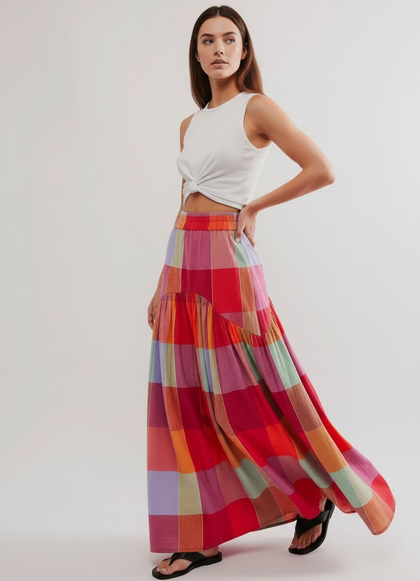 Daverri Fashions Women’s Color Block Elastic Waist Maxi Skirt