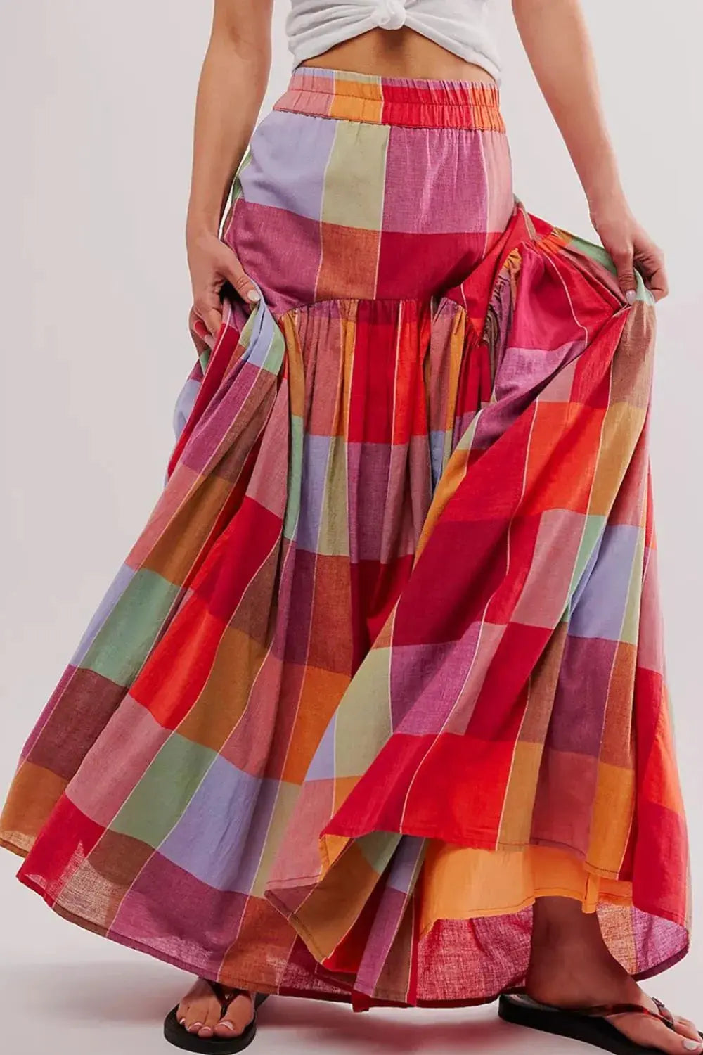 Daverri Fashions vibrant color block elastic waist ruffle maxi skirt