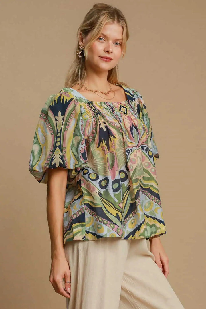 Abstract Print Smocked Square Neck Puff Sleeve Blouse Short Sleeve Tops