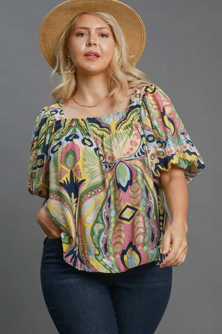 Abstract Print Smocked Square Neck Puff Sleeve Blouse Short Sleeve Tops