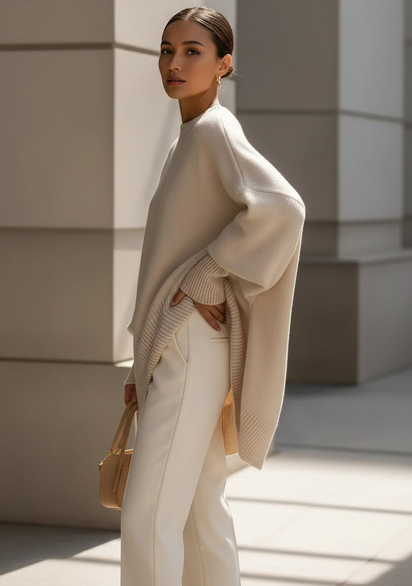 Cream-colored oversized batwing sleeve knit sweater for women