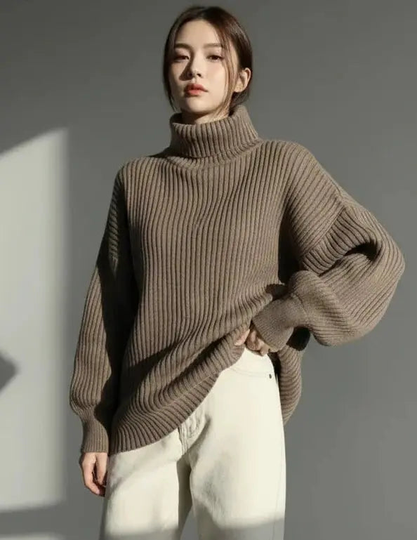 Full Size Oversized Turtleneck Ribbed Knit Sweater Plus Size
