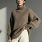 Cozy oversized turtleneck ribbed knit sweater in taupe, plus size