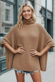 Full Size Turtleneck Knitted Cape Sweater Plus Size