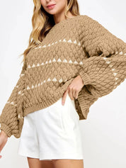 Women’s Contrast Detail Textured Knit Puff Sleeve Baggy Sweater