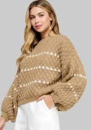 Women’s Contrast Detail Textured Knit Puff Sleeve Baggy Sweater