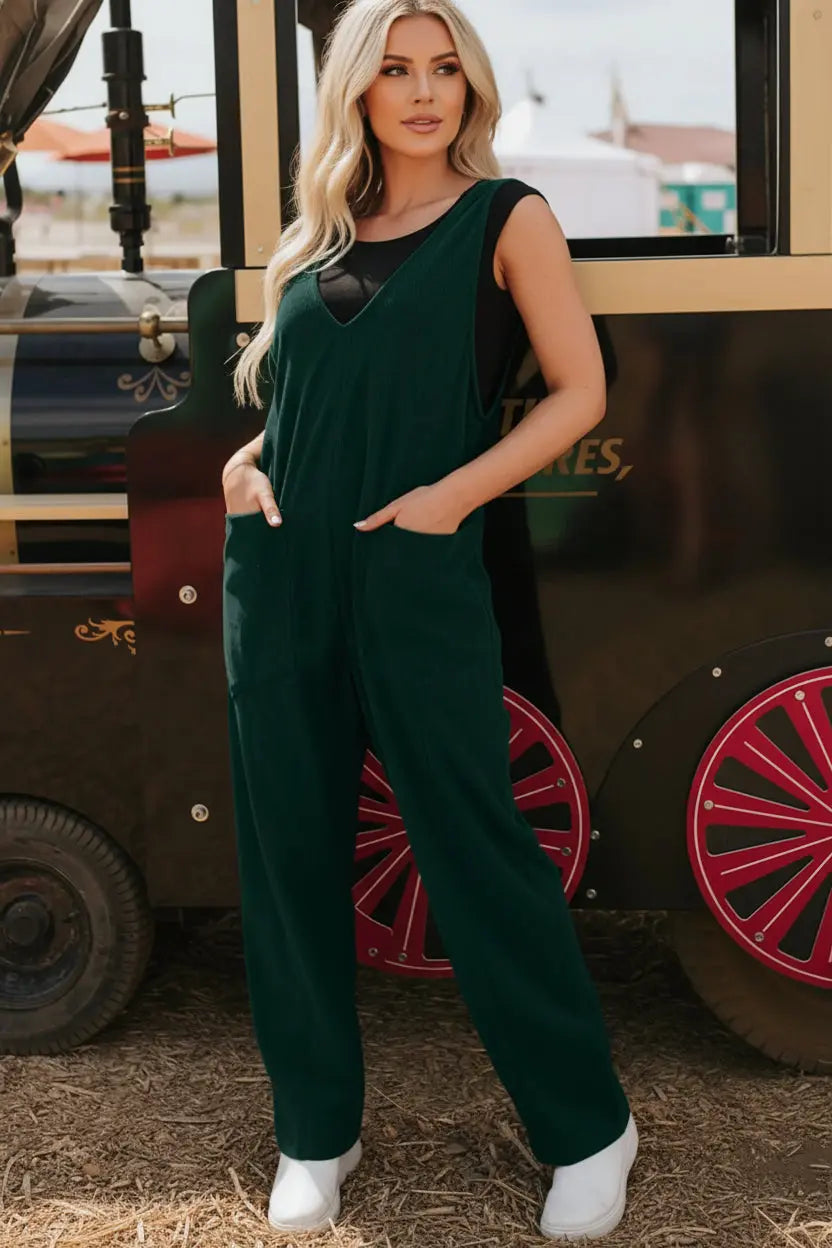 Women’s V Neck Patched Pocket Sleeveless Corduroy Jumpsuit