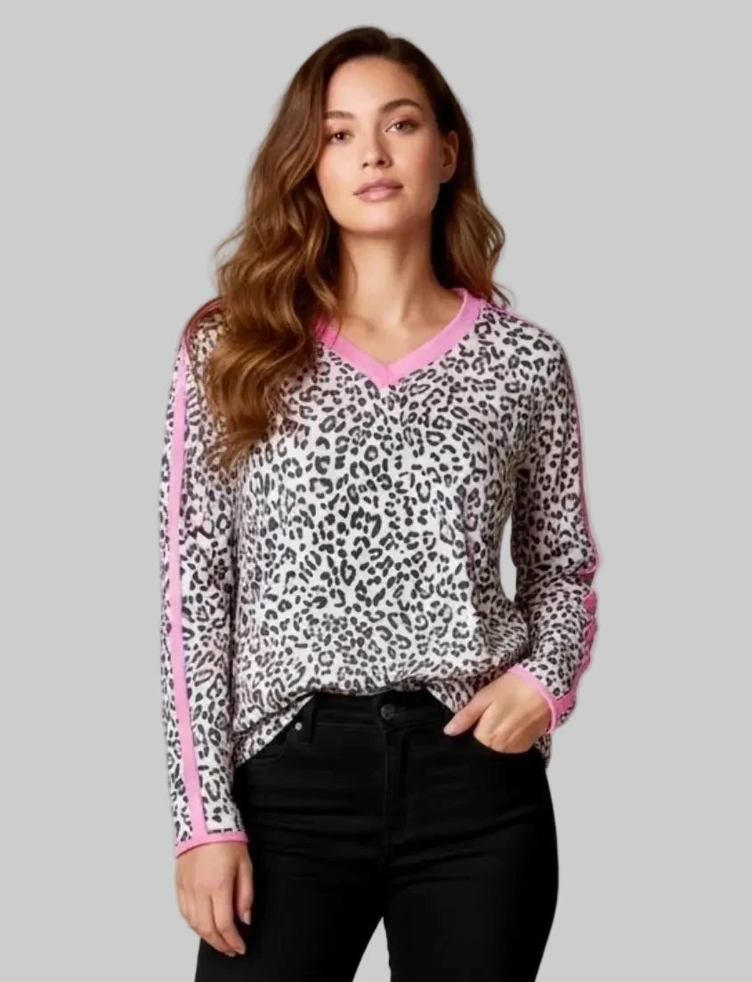 Women’s Leopard Print Contrast V Neck Varsity Stripe Detail Long Sleeve Top