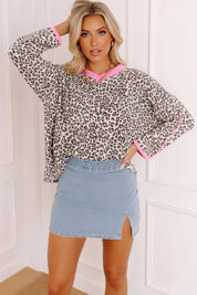 Women’s Leopard Print Contrast V Neck Varsity Stripe Detail Long Sleeve Top