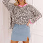 Womens Leopard Print V-Neck Long Sleeve Top with Pink Trim