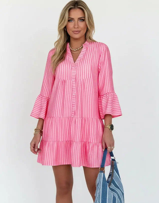 Vibrant pink and white striped flare sleeve tiered flowy mini dress