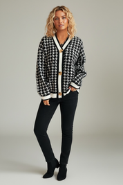 Women’s Houndstooth Pattern V-Neck Button-Up Cardigan