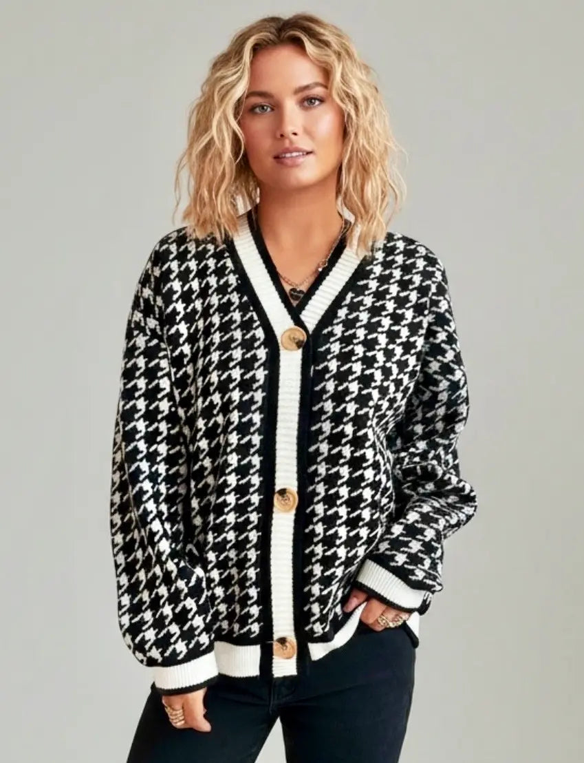 Women’s Houndstooth Pattern V-Neck Button-Up Cardigan