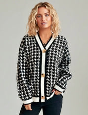 Women’s Houndstooth Pattern V-Neck Button-Up Cardigan