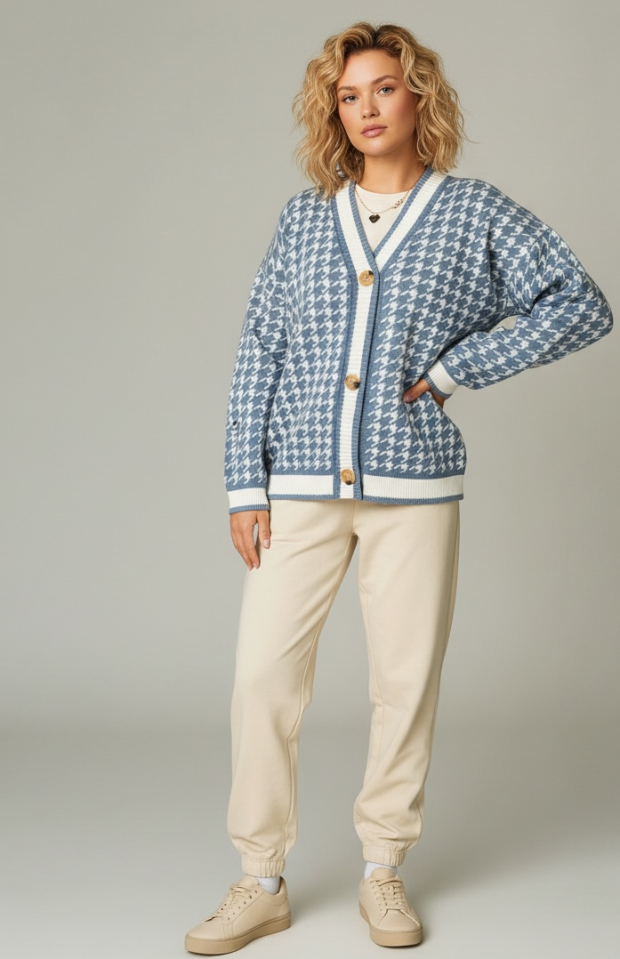 Women’s Houndstooth Pattern V-Neck Button-Up Cardigan