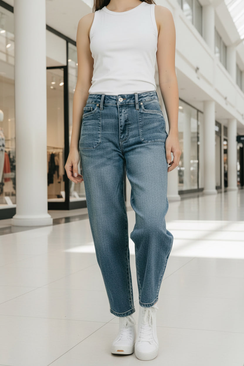 Judy Blue high-waisted medium blue denim jeans with relaxed straight-leg cut