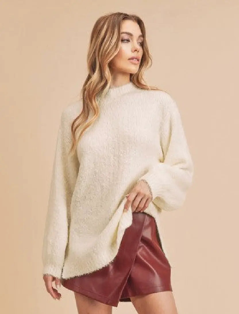 Aemi + Co Side Slit Hem Loose Fit Mock Neck Knit Sweater Small