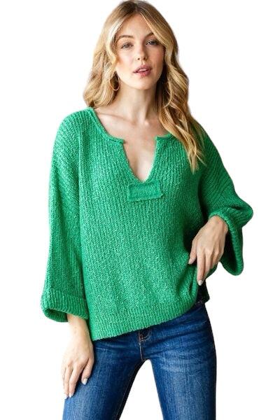 Veveret Notched Long Sleeve Sweater Sweaters