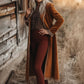 Women’s Fringe Trim Longline Coat in rust-colored velvet with frayed edges