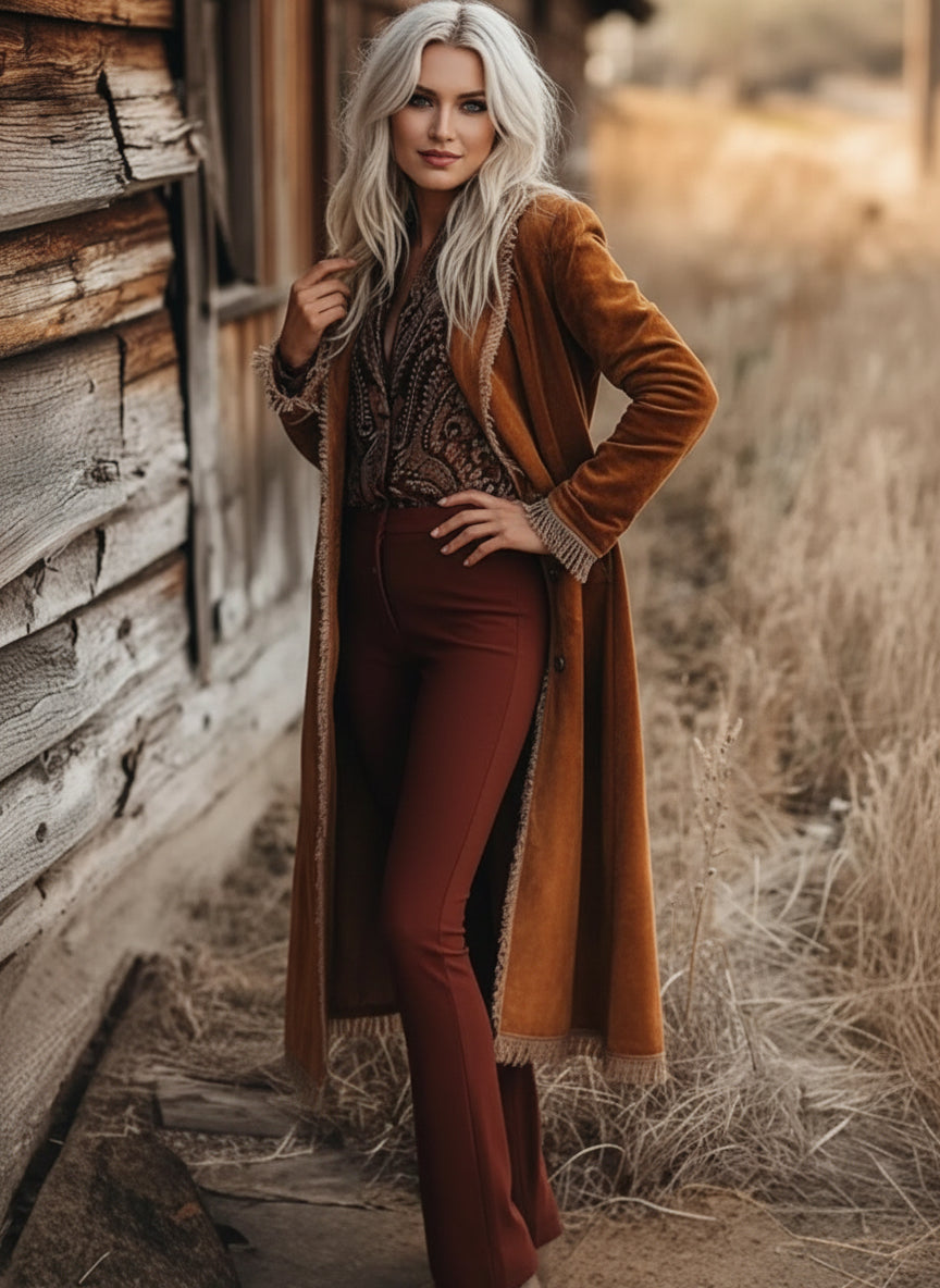 Women’s Fringe Trim Longline Coat in rust-colored velvet with frayed edges