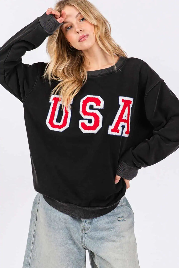 SAGE + FIG USA Letter Patch Round Neck Sweatshirt Sweatshirts