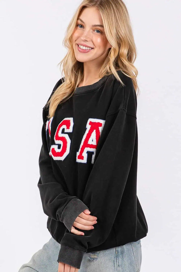 SAGE + FIG USA Letter Patch Round Neck Sweatshirt Sweatshirts