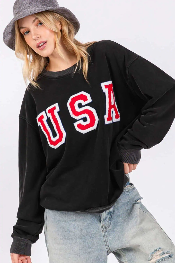 SAGE + FIG USA Letter Patch Round Neck Sweatshirt Sweatshirts