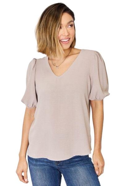 Zenana V-Neck Puff Sleeve Blouse Shirts & Tops
