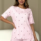 Blush pink heart print ribbed knit pajama set with ruffles
