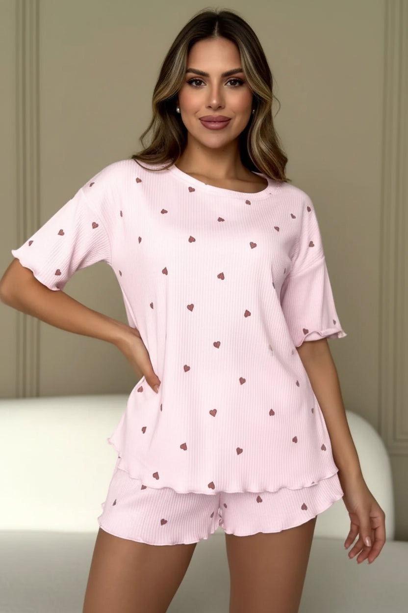 Blush pink heart print ribbed knit pajama set with ruffles