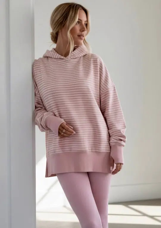 Dusty pink striped oversized hoodie with thumbholes and side slits
