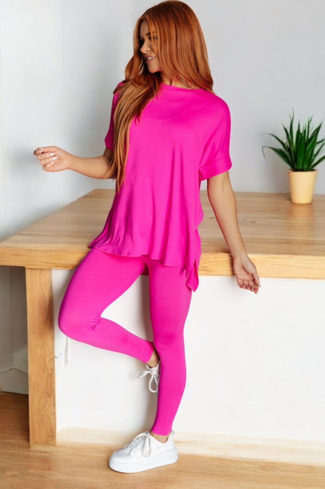 Neon Hot Pink Short Sleeve Loungewear Set Outfit Sets