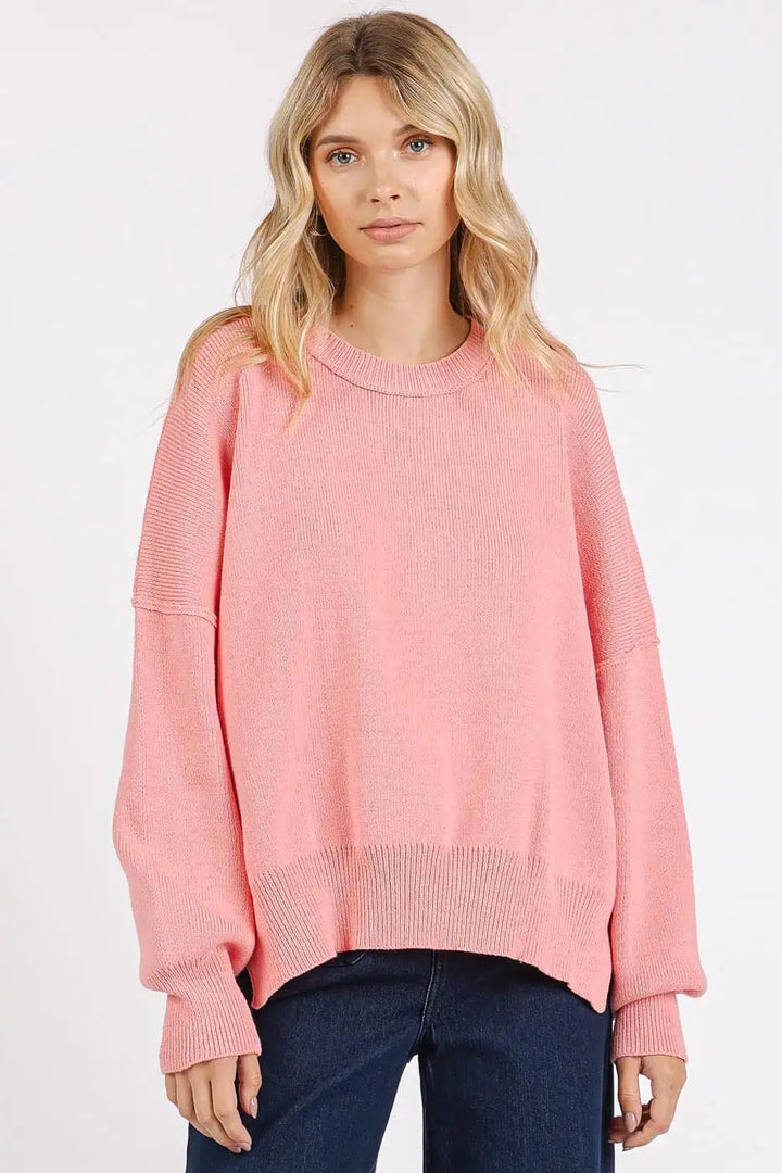 Side Slit Round Neck Drop Shoulder Sweater Sweaters